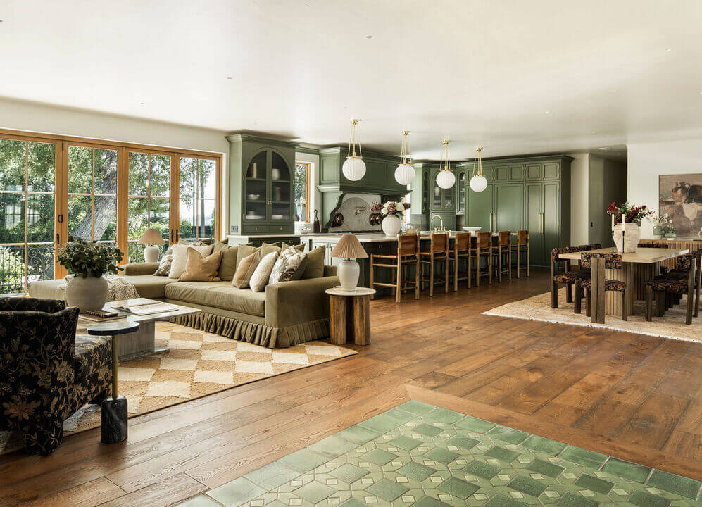 A Reimagined Spanish Colonial Revival Estate in Los Angeles 1 large open-plan living space green kitchen dining area
