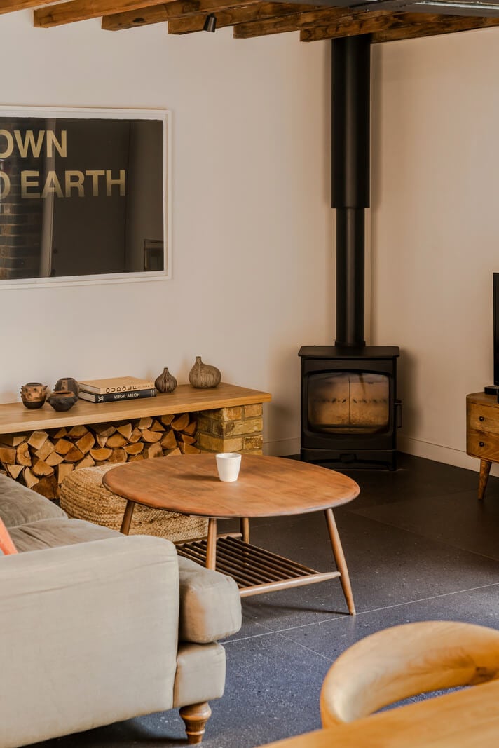 An Industrial Mews House with a Sebastian Cox deVOL Kitchen 5 living room detail wood burner