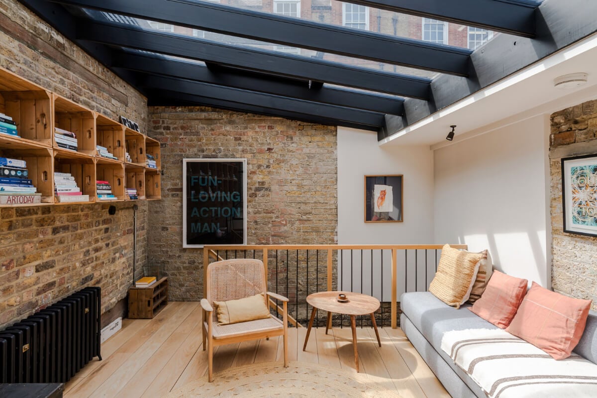 An Industrial Mews House with a Sebastian Cox deVOL Kitchen 14 living room exposed brick slanted glass ceiling