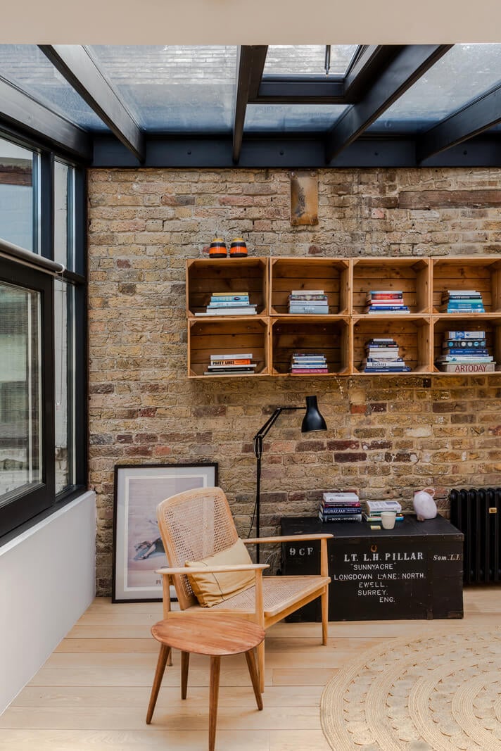 An Industrial Mews House with a Sebastian Cox deVOL Kitchen 16 living room exposed brick wal