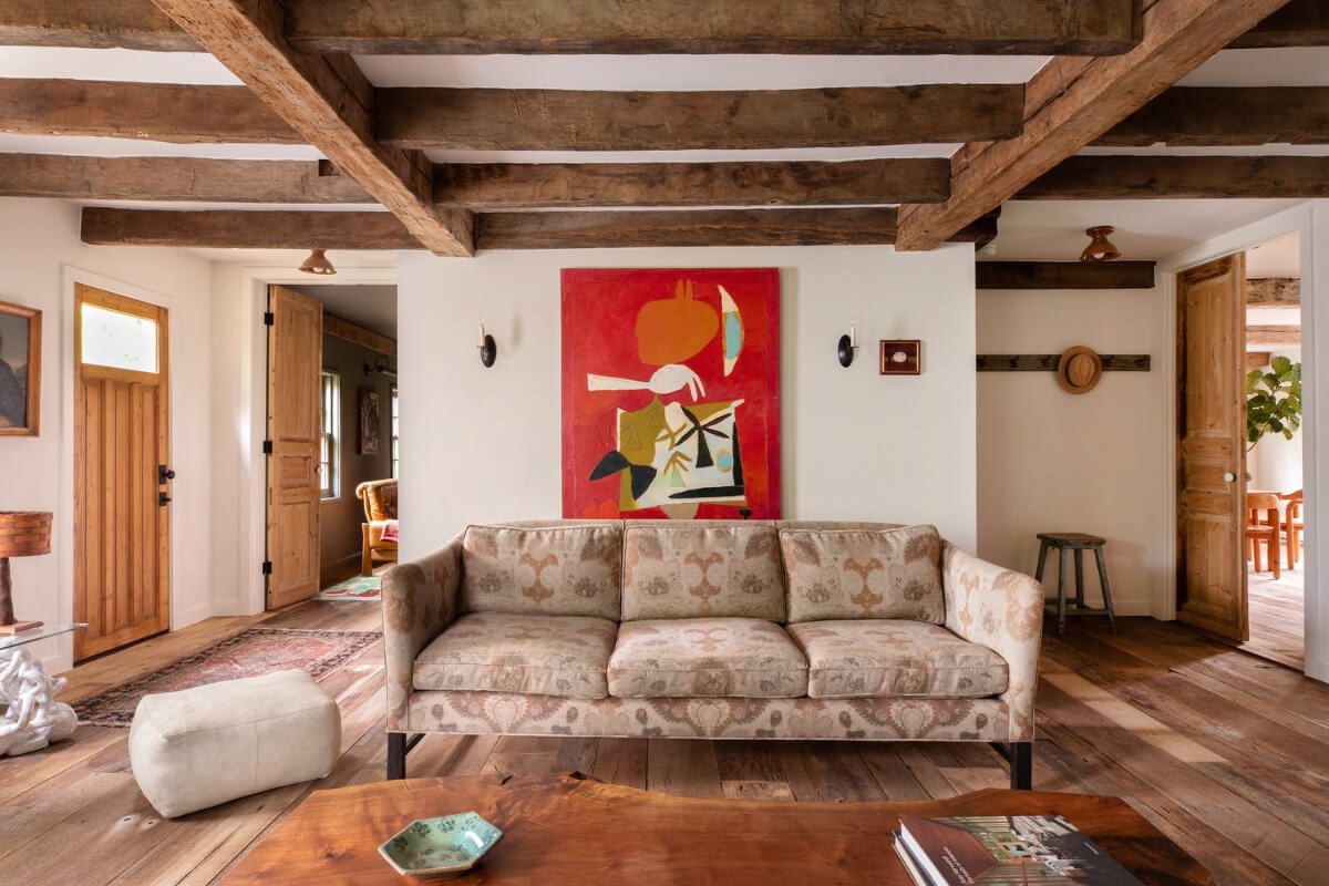A Reimagined Farmhouse by Corbin Bernsen and Amanda Pays Lists for $4.6 Million 6 living room rustic floor wooden beams
