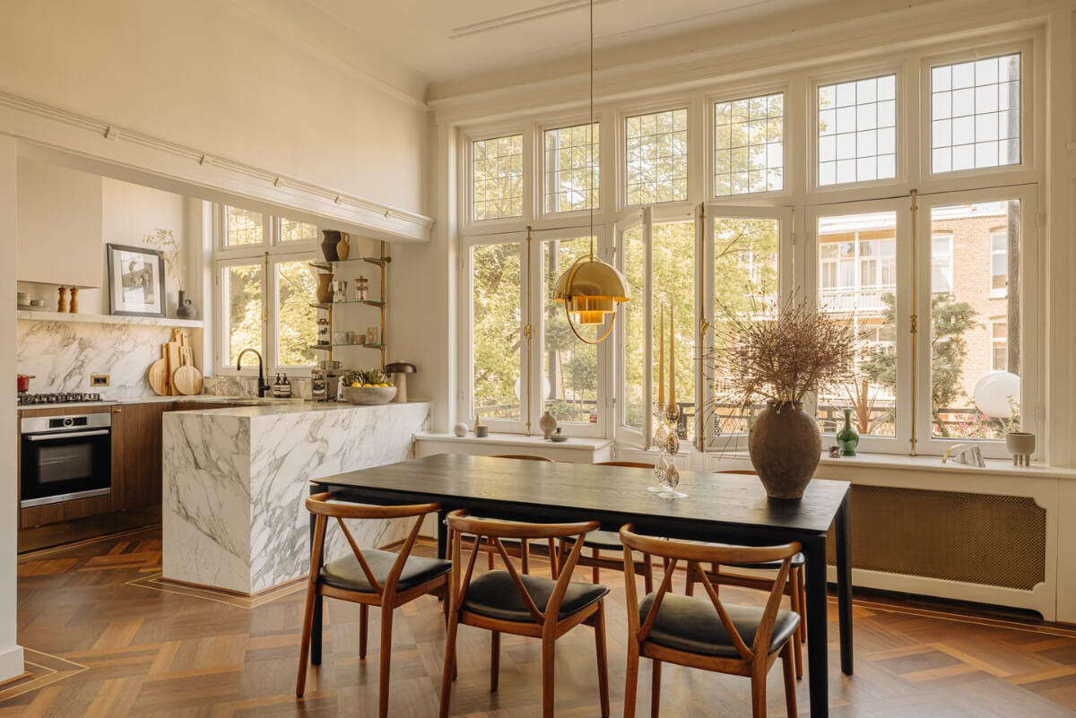 A Luxurious Parisian-Inspired Apartment in Amsterdam 6 open plan kitchen dining area