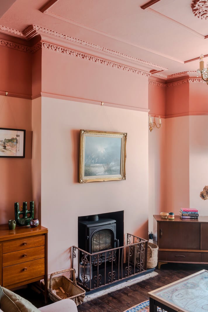 A Two-Tone Pink Living Room in a Victorian London House 3 pink living room fireplace