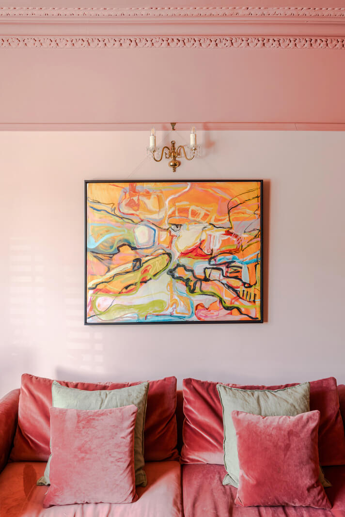 A Two-Tone Pink Living Room in a Victorian London House 4 pink living room velvet sofa