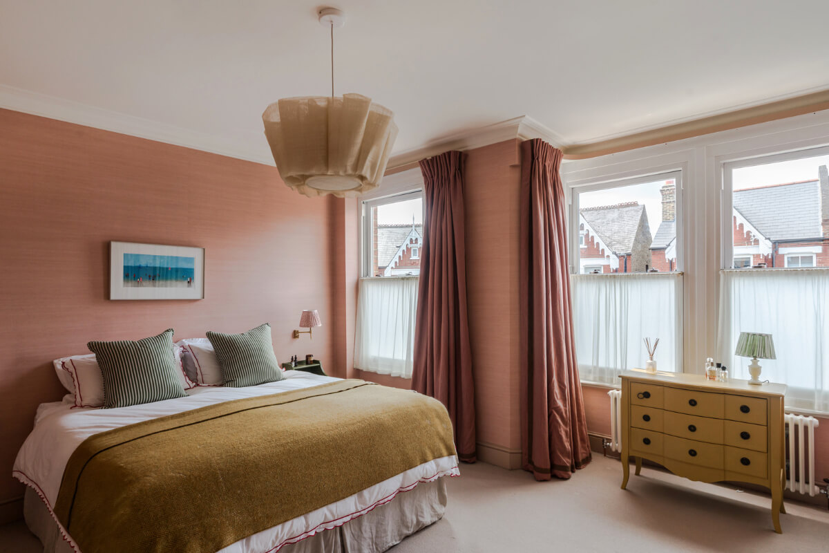 Color, Pattern, and Texture in a Renovated London Townhouse 14 pink wallpaper bedroom