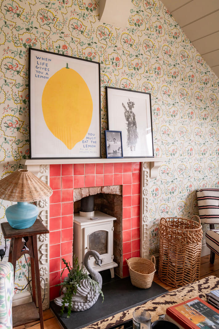 A Colorful Eclectic Victorian Maisonette Home in England 17 red tiles fireplace