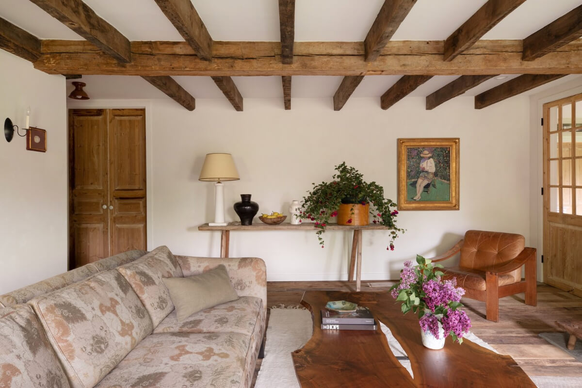 A Reimagined Farmhouse by Corbin Bernsen and Amanda Pays Lists for $4.6 Million 4 sitting room wooden beams