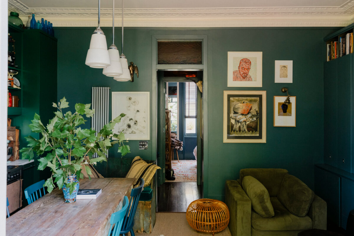 A Rich Color and Material Palette in a Small Victorian Apartment 14 small open-plan living room and kitchen