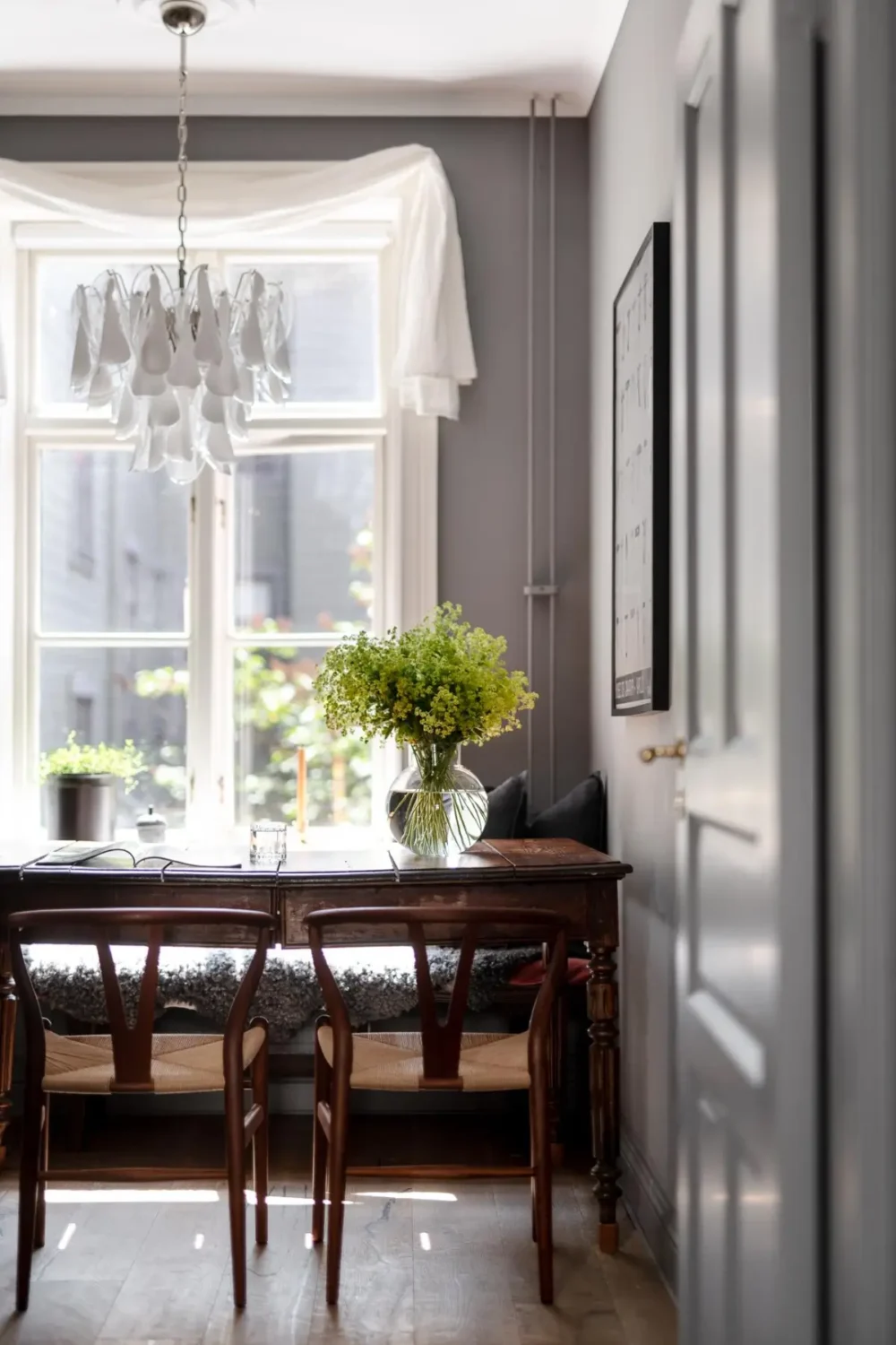 A Dark Gray Swedish Apartment with an Olive Green Kitchen 6 antique kitchen table gray walls