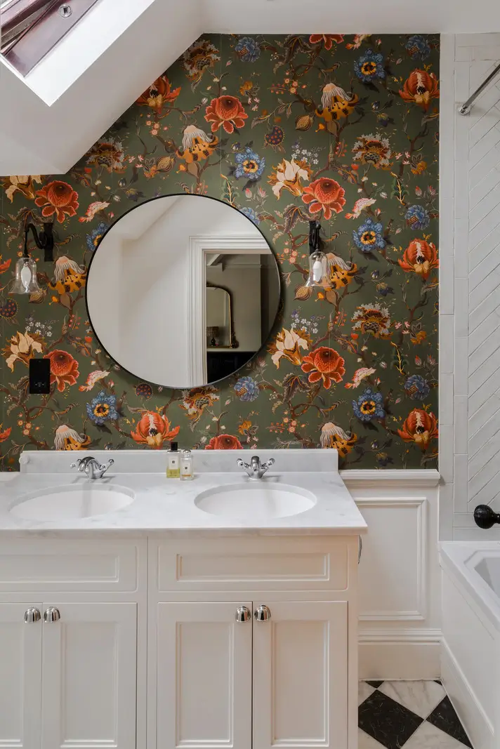 50 Bathroom Wallpaper Ideas Adding Color, Style, and Expression 63 bathroom double sink green wallpaper