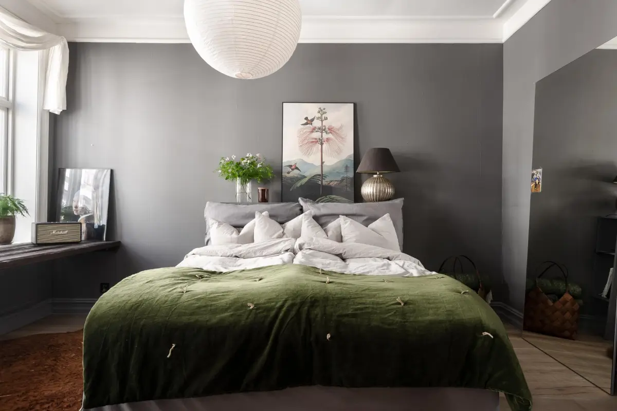 A Dark Gray Swedish Apartment with an Olive Green Kitchen 15 bedroom gray walls green throw