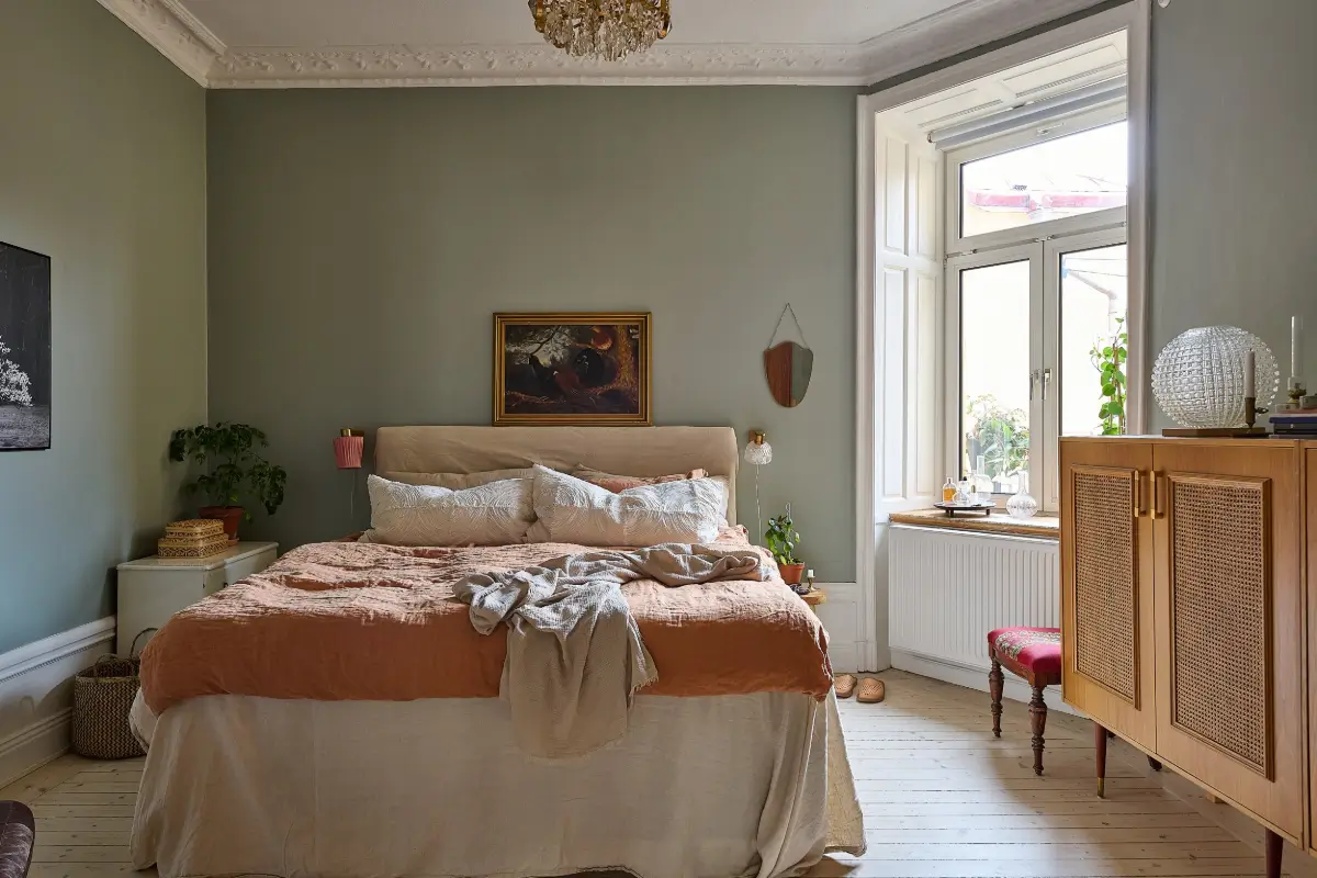 A Classic Stockholm Family Apartment with a Separate Studio 18 bedroom gray walls pink bedding