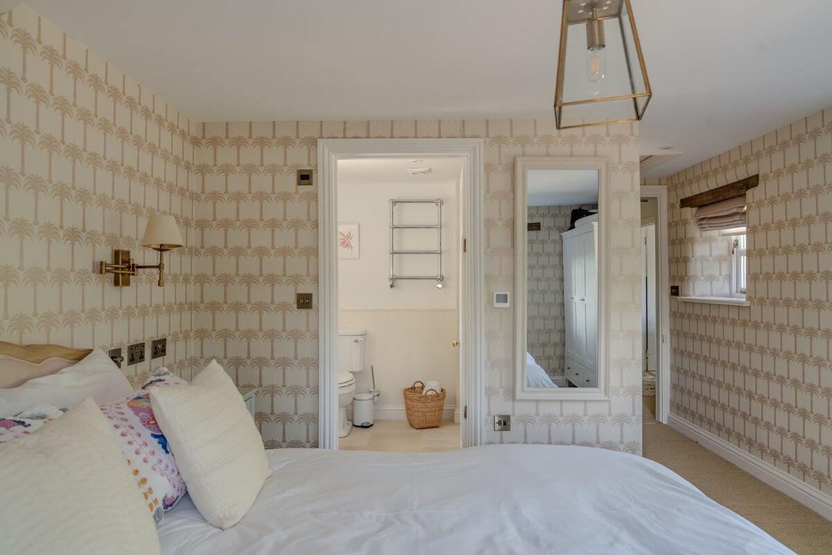 A Stone English Cottage with a Blue and Pink Kitchen 12 bedroom light palm wallpaper