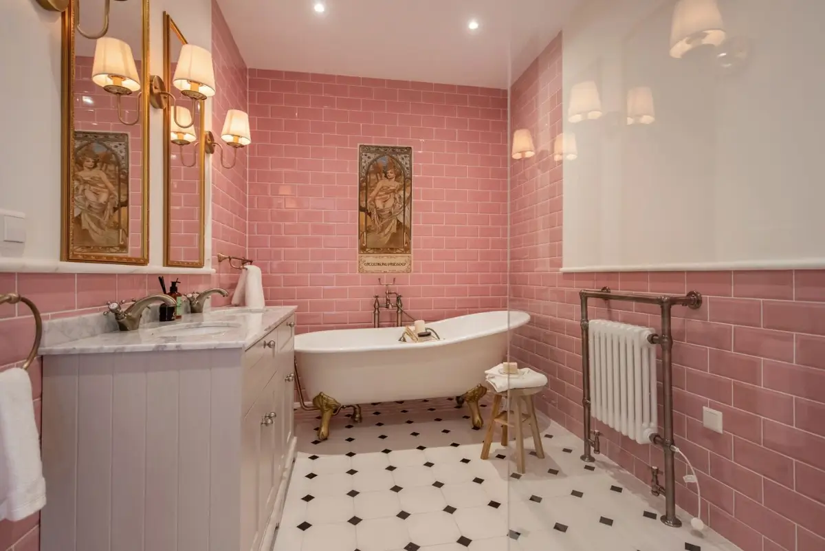 Art Nouveau Elegance Meets Modern Living in a Pink & Green Apartment 21 classic bathroom pink tiles freestanding bath walk-in shower
