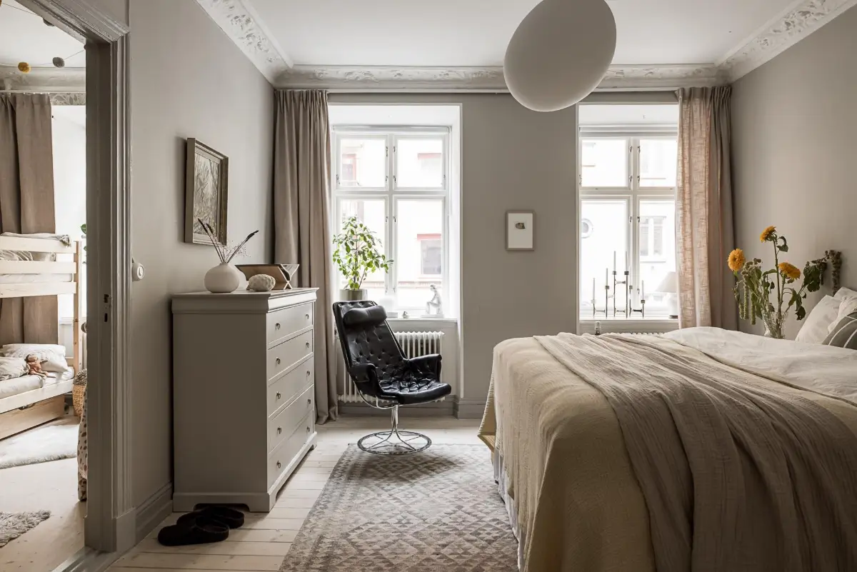 Classic Period Elements in a Comfortable Two-Bedroom Apartment 19 gray bedroom large windows