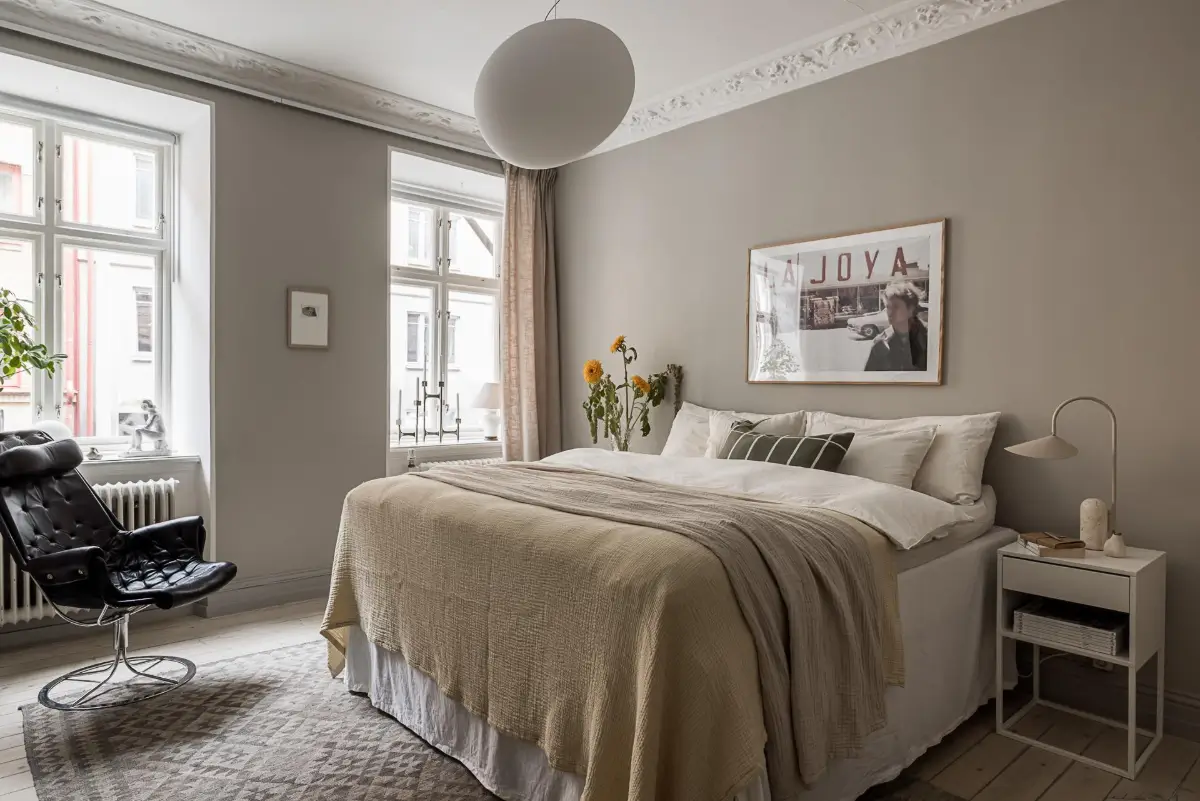 Classic Period Elements in a Comfortable Two-Bedroom Apartment 20 gray bedroom white stucco