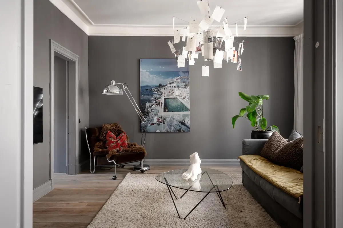 A Dark Gray Swedish Apartment with an Olive Green Kitchen 12 gray living room
