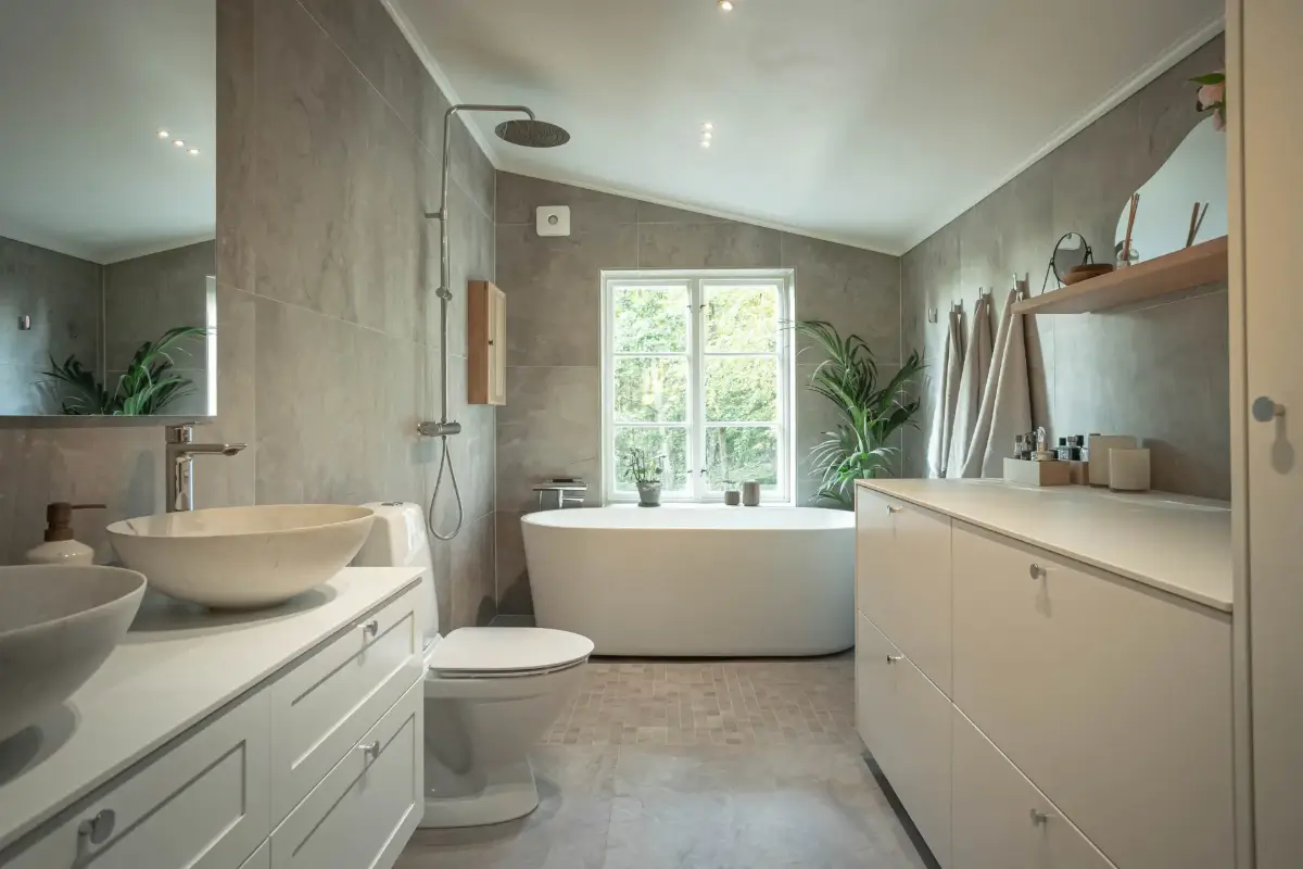 Modern Comforts and Historic Architecture in an 18th Century Home 13 gray-tiled bathroom freestanding bath under window