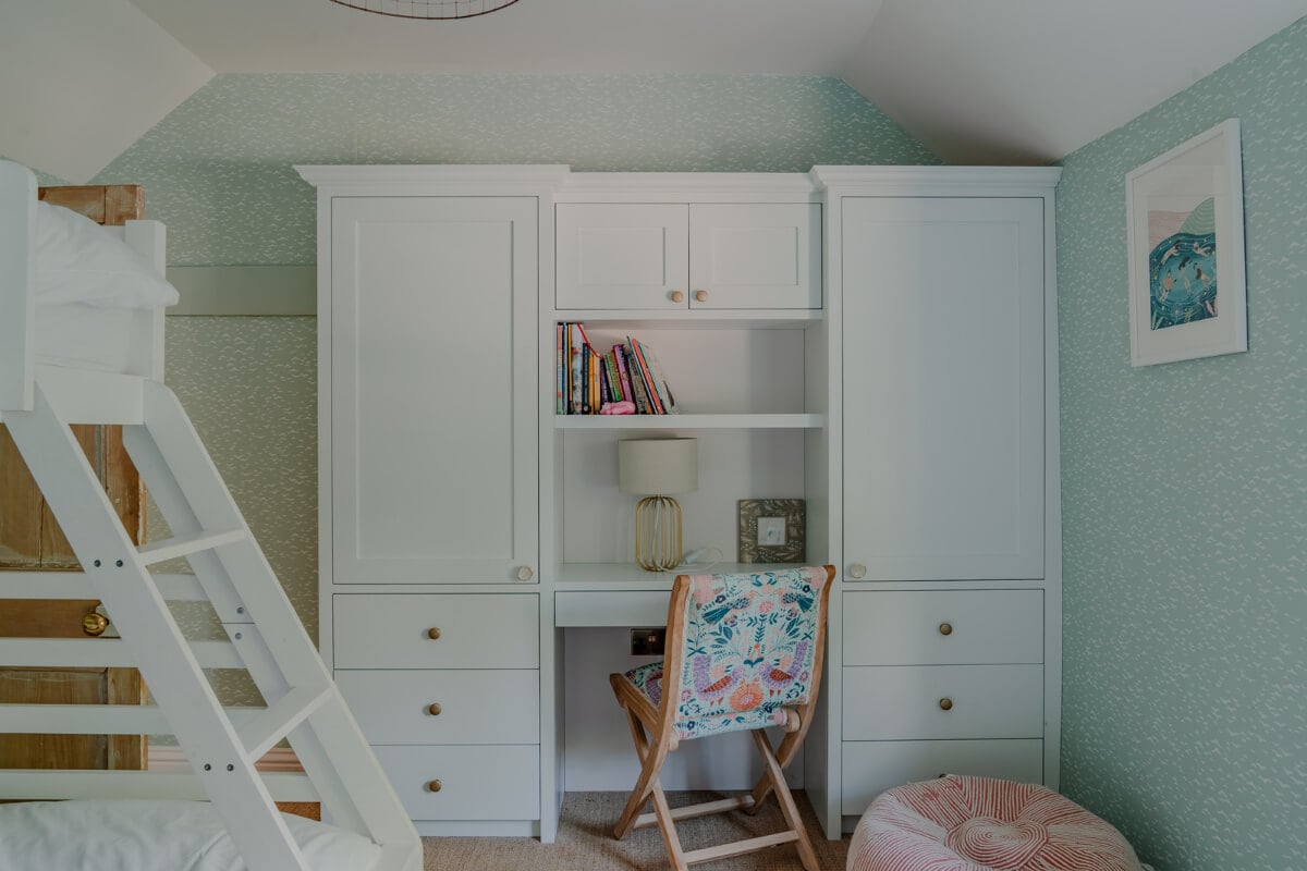 A Stone English Cottage with a Blue and Pink Kitchen 19 kids bedroom bunk bed desk