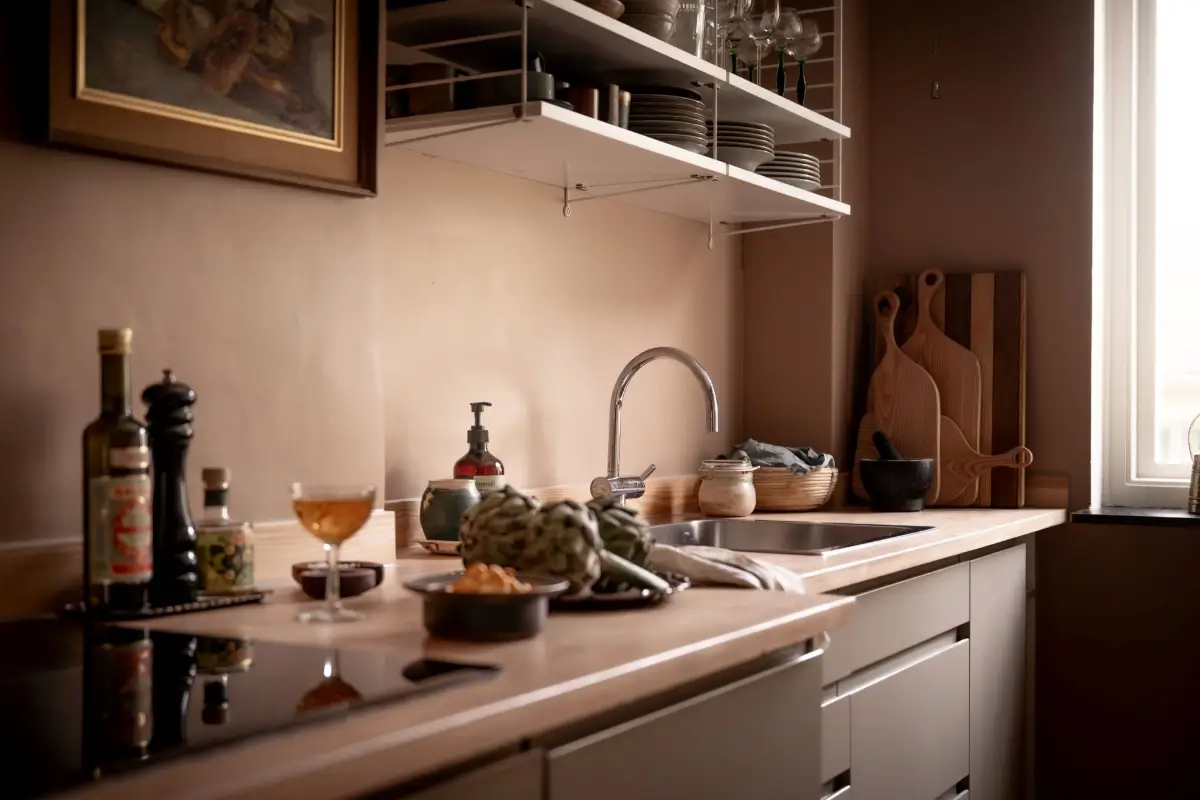 An Earthy Color Palette and Exposed Brick in a 1940s Apartment 13 kitchen detail