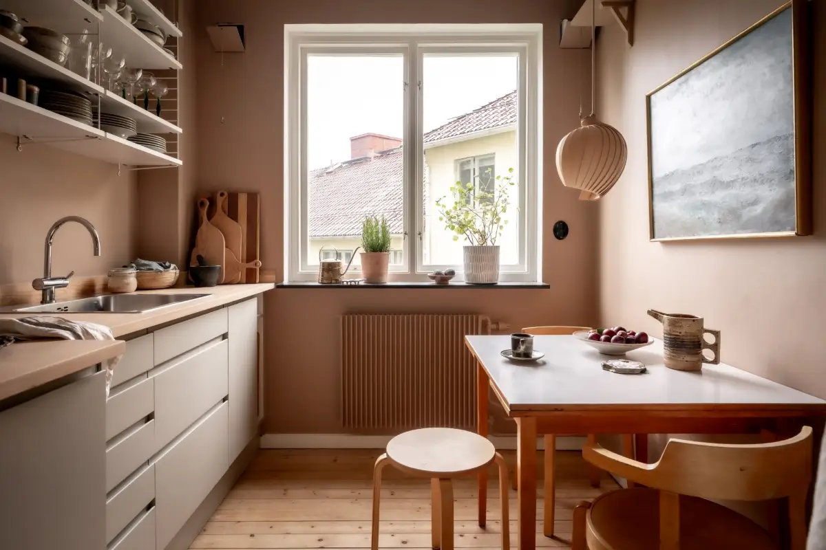 An Earthy Color Palette and Exposed Brick in a 1940s Apartment 11 kitchen warm colored walls midcentury table