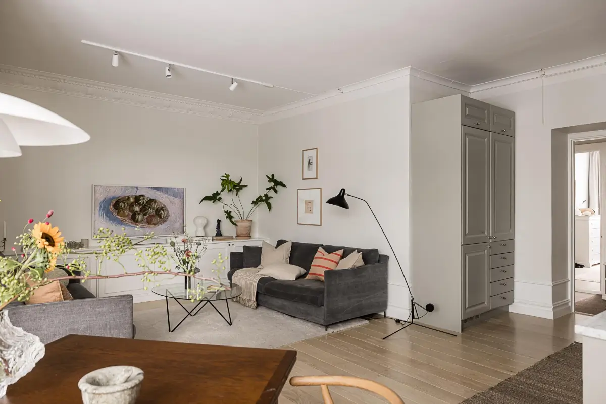 Classic Period Elements in a Comfortable Two-Bedroom Apartment 9 open plan scandi living room