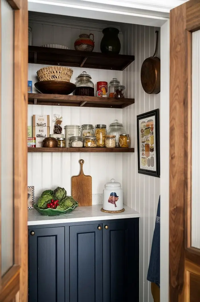 Scandinavian Design Meets The Hamptons in a Swedish Country House 20 pantry blue cabinets wooden shelves nordroom