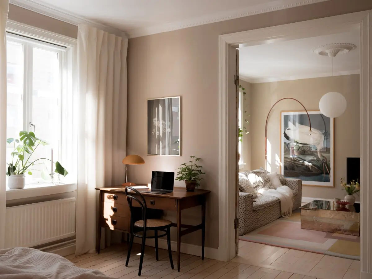 Neutral Shades and Period Elements in a Scandi Apartment 16 sand colored bedroom and living room