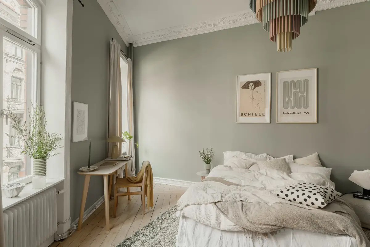 A Gray Scandinavian Apartment with a Royal History 19 scandi bedroom with ikea desk