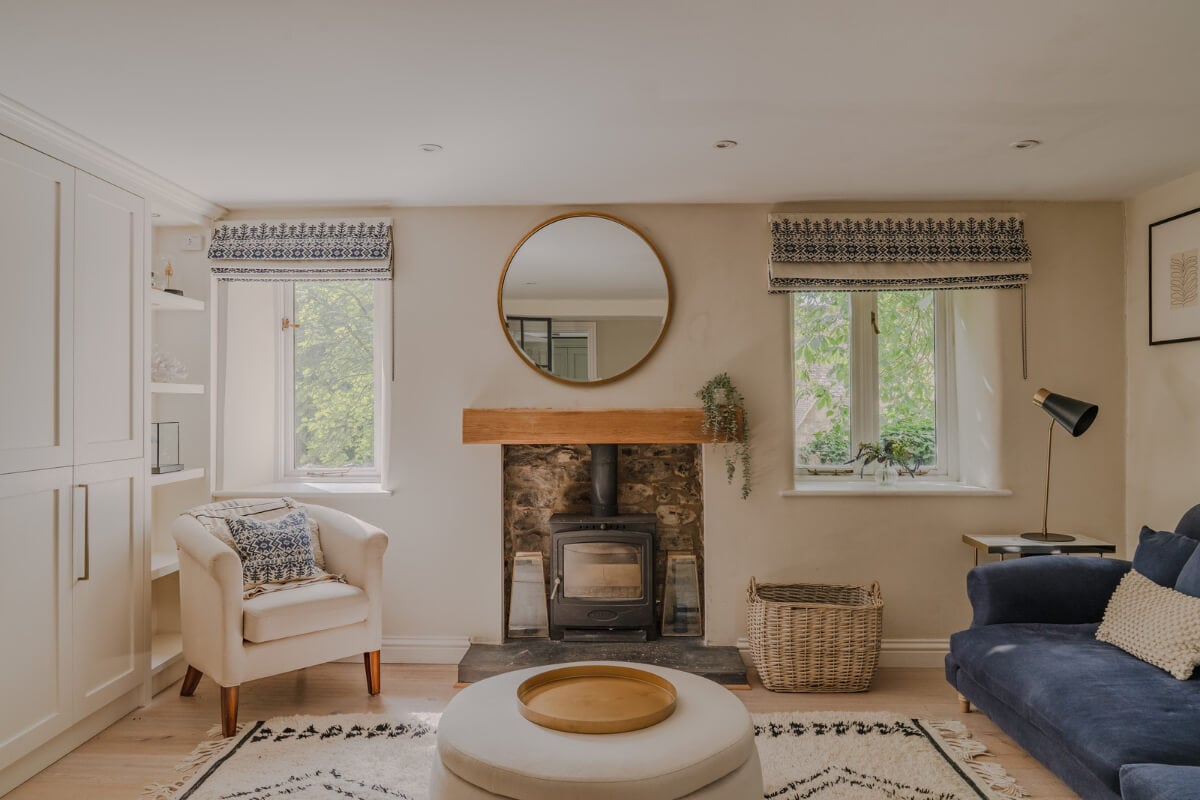 A Stone English Cottage with a Blue and Pink Kitchen 10 sitting room log burner