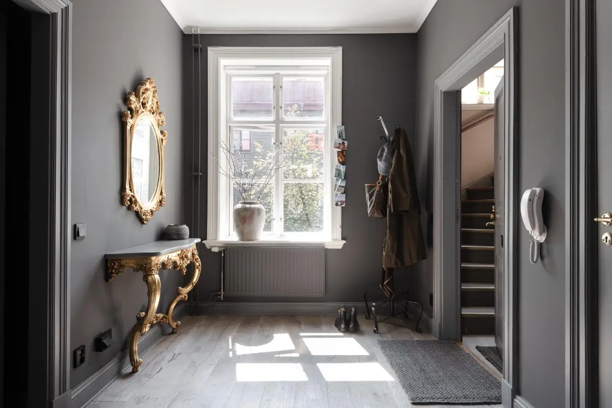 A Dark Gray Swedish Apartment with an Olive Green Kitchen 26 spacious gray hall antique table mirror