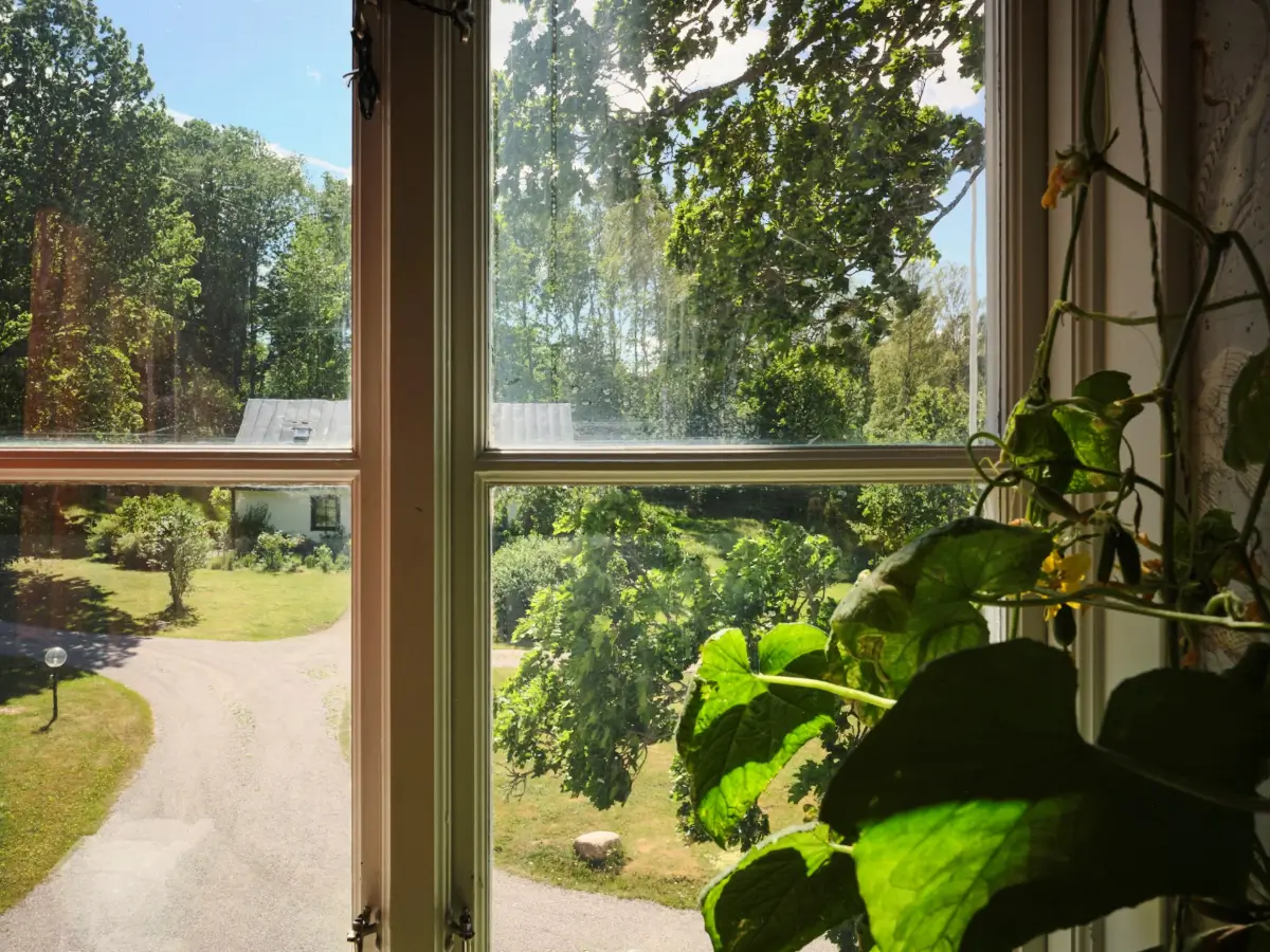 A Colorful Family Home in an Old Gardener's Cottage in Sweden 11 view from living room window