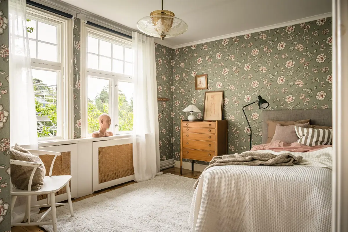 A Cozy Early 20th-Century Home with Views of Lake Mälaren in Sweden 24 bedroom floral wallpaper