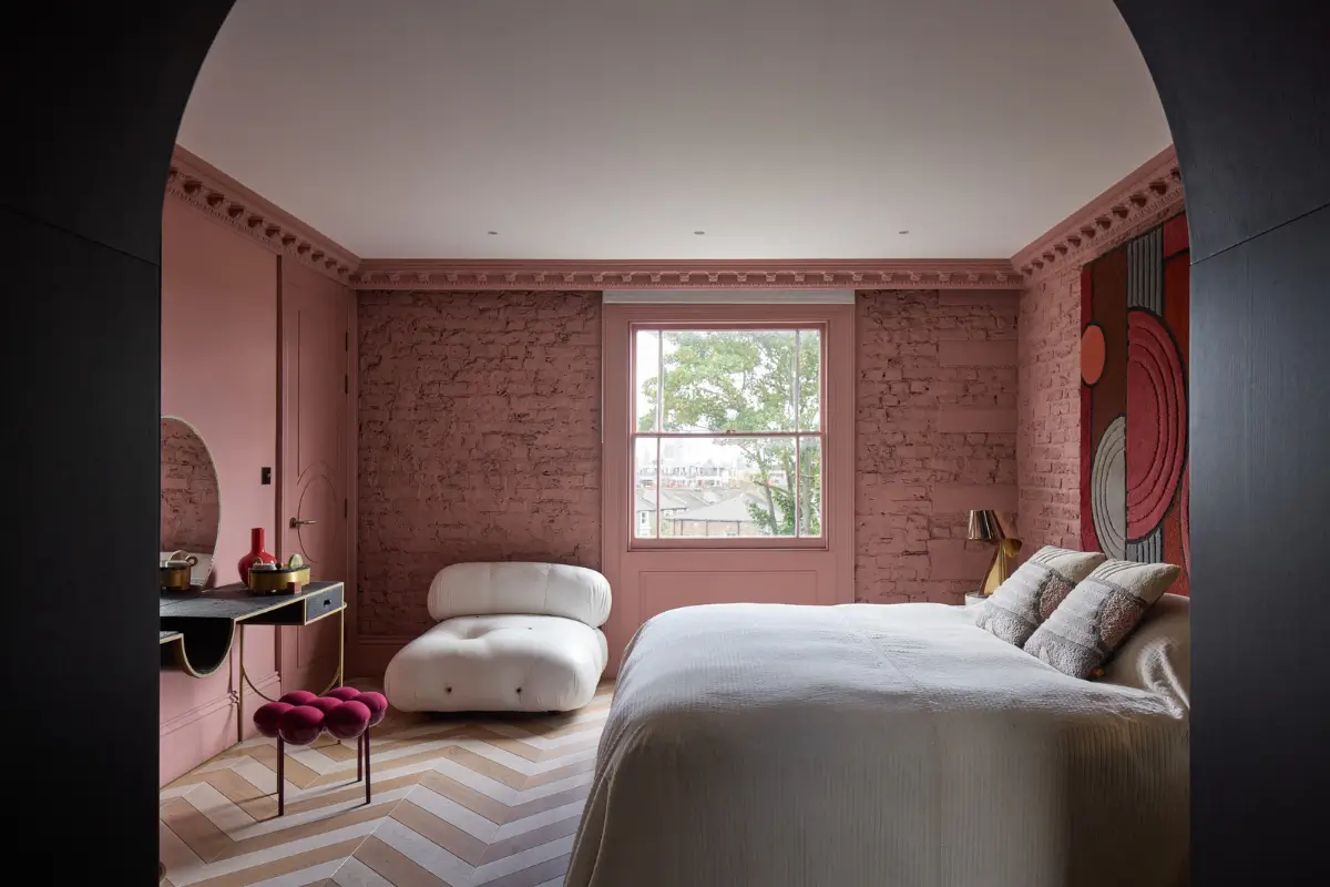 Victorian Grandeur Meets Modern Design in a Camden Square Townhouse 15 bedroom pink painted exposed brick walls nordroom