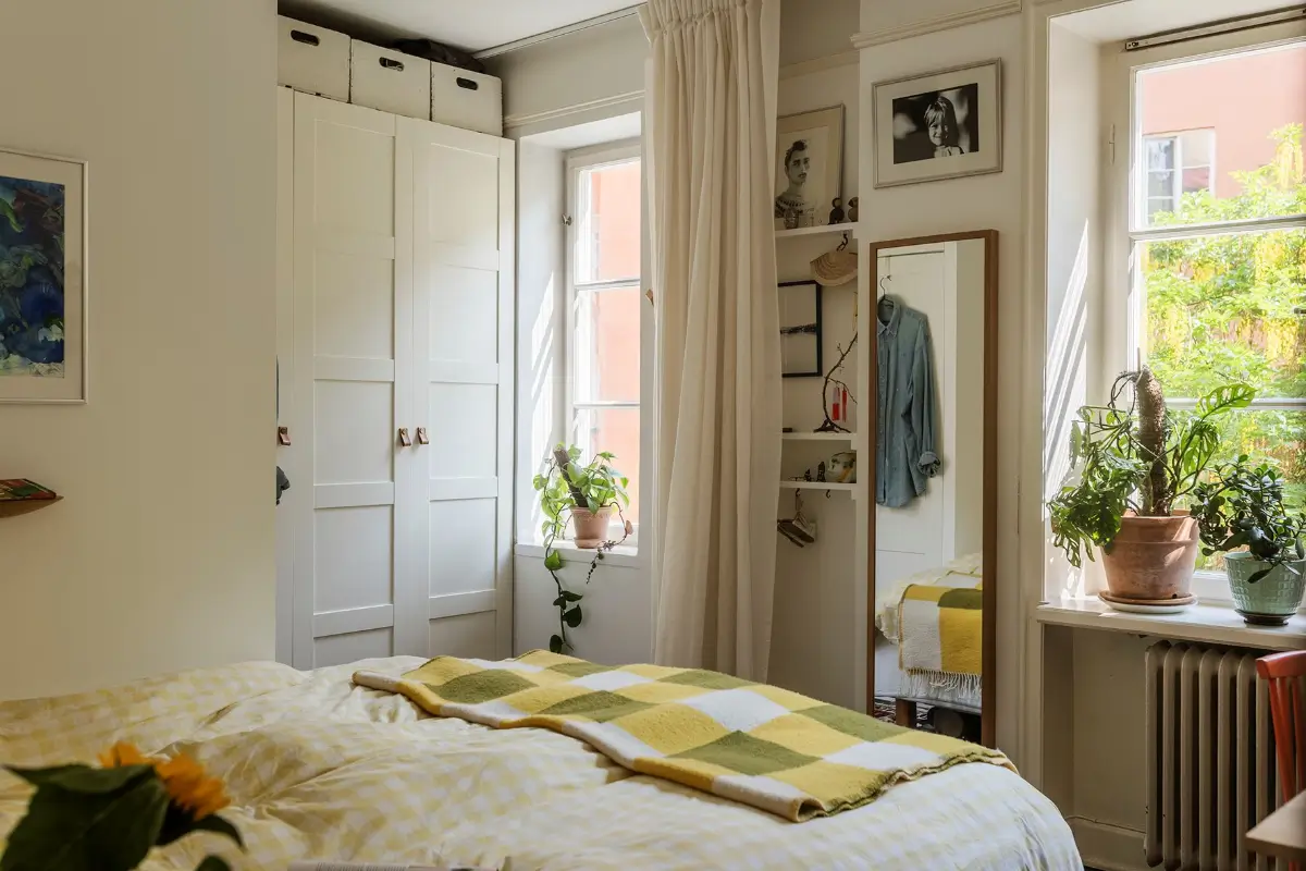 A Charming Swedish Courtyard Apartment Filled with Art 18 cozy bedroom yellow checkered bedding