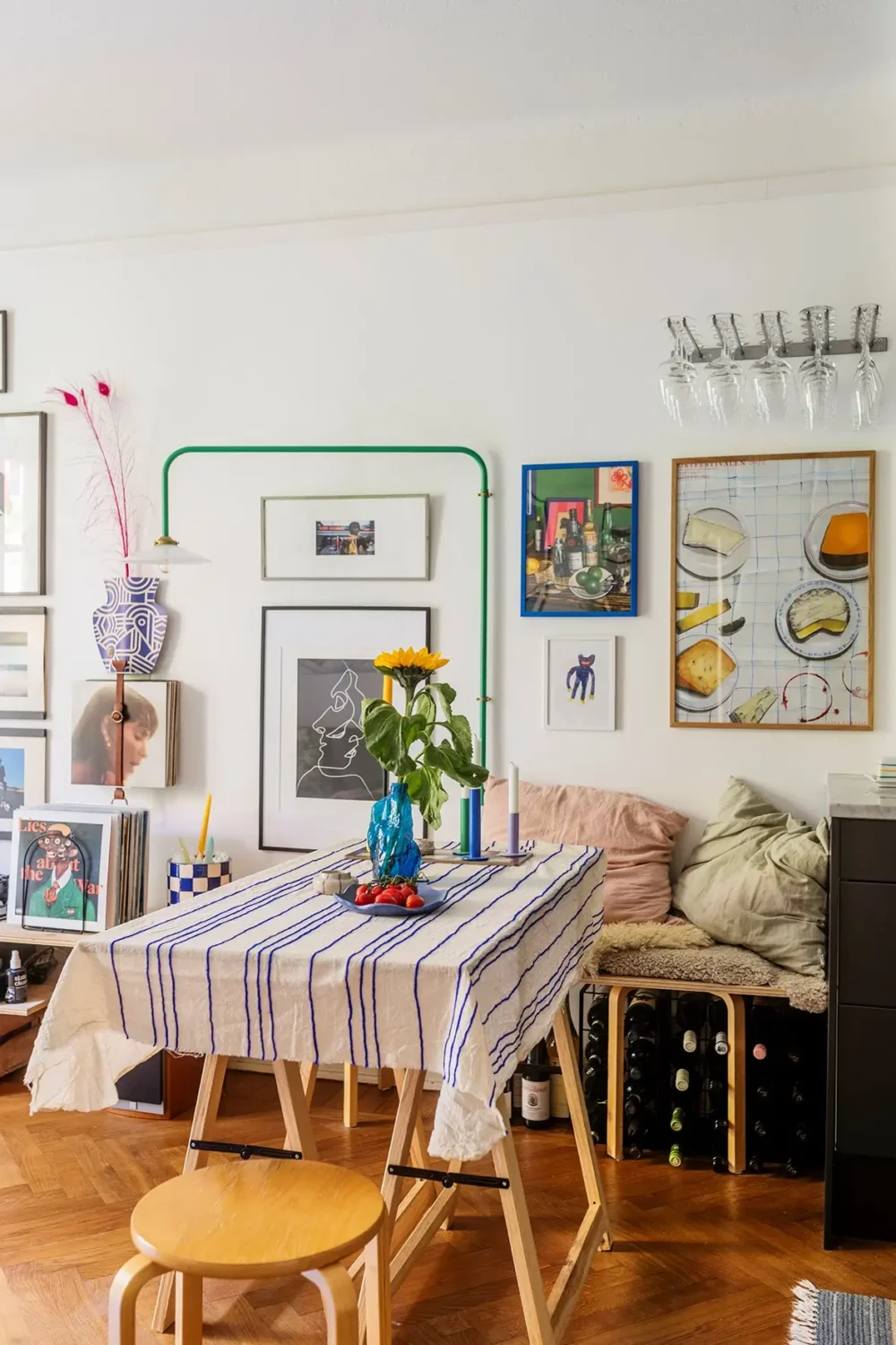 Best of 2025: Living Rooms 66 dining room blue striped tablecloth