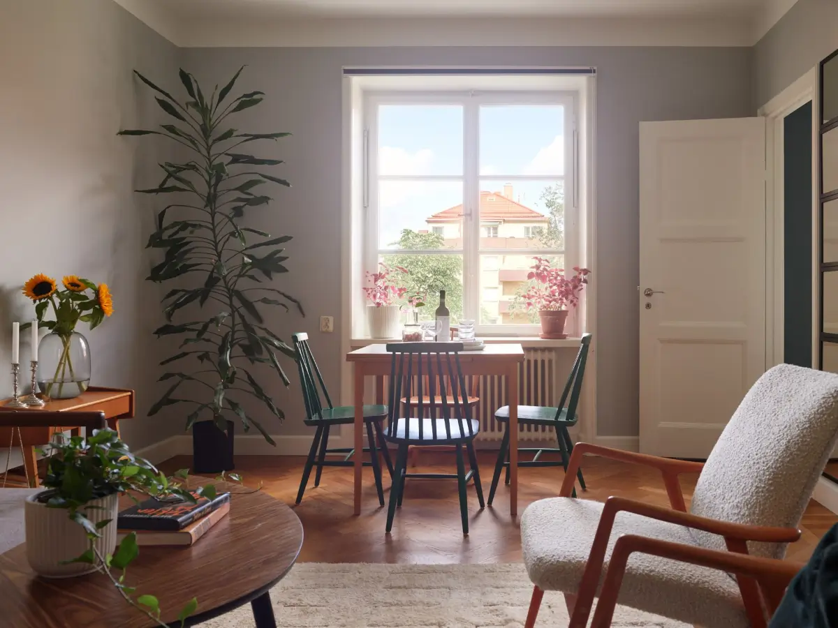 Midcentury Furniture & a Dark Blue Bedroom in a 1930s Apartment 2 gray living room midcentury furniture