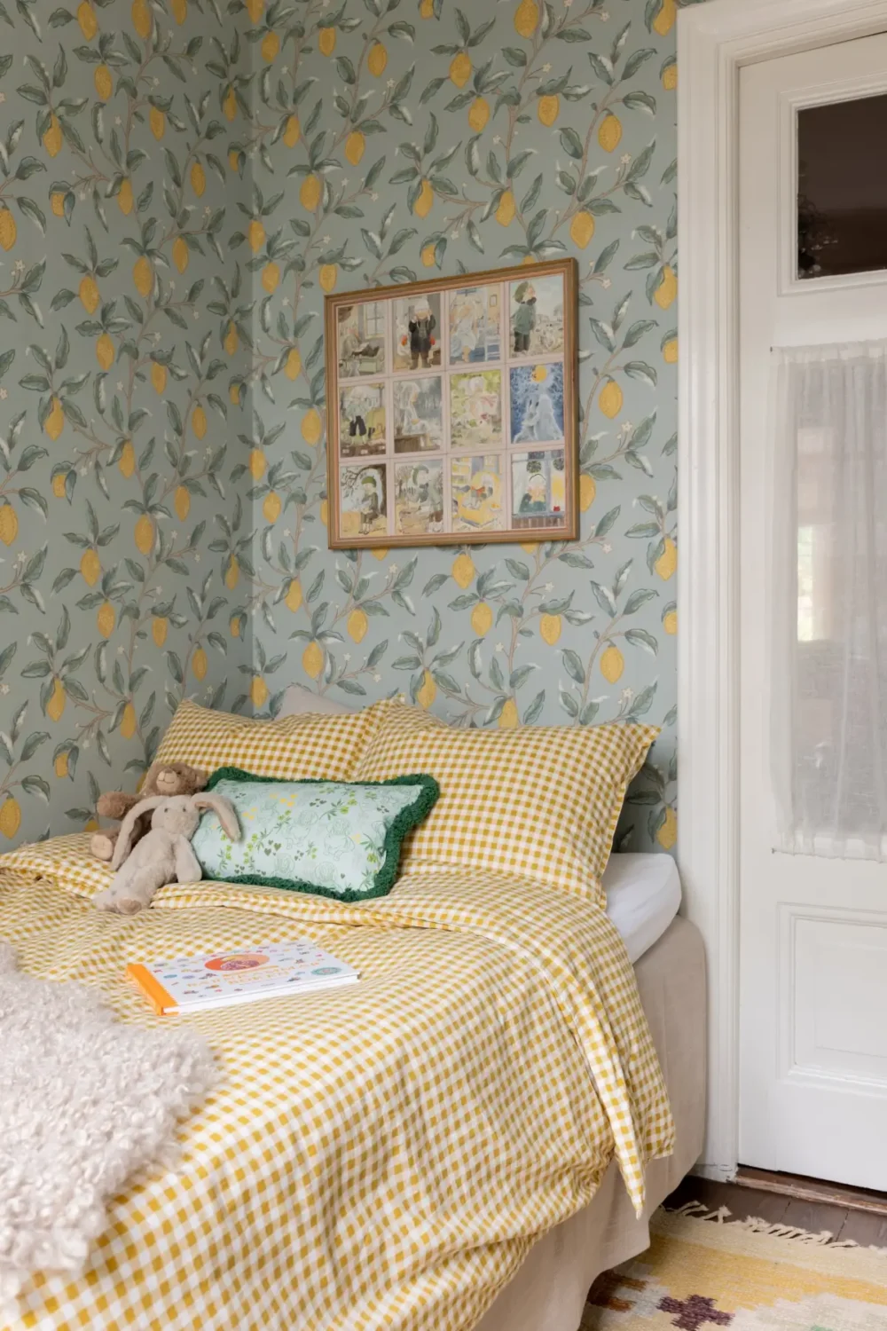 A Warm Color Palette in a Cozy 1920s Apartment in Stockholm 25 lemon wallpaper kids bedroom