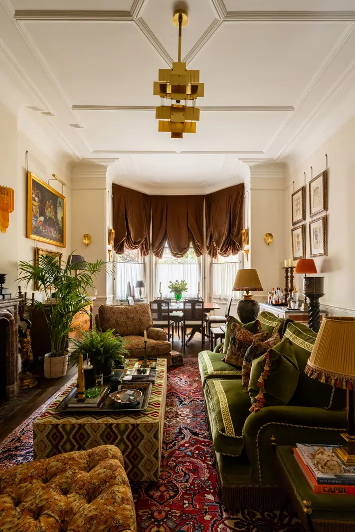 A Mixture of Patterns, Colors, and Materials in a Stunning London Apartment 4 living room bay window antique furniture pattern textiles nordroom