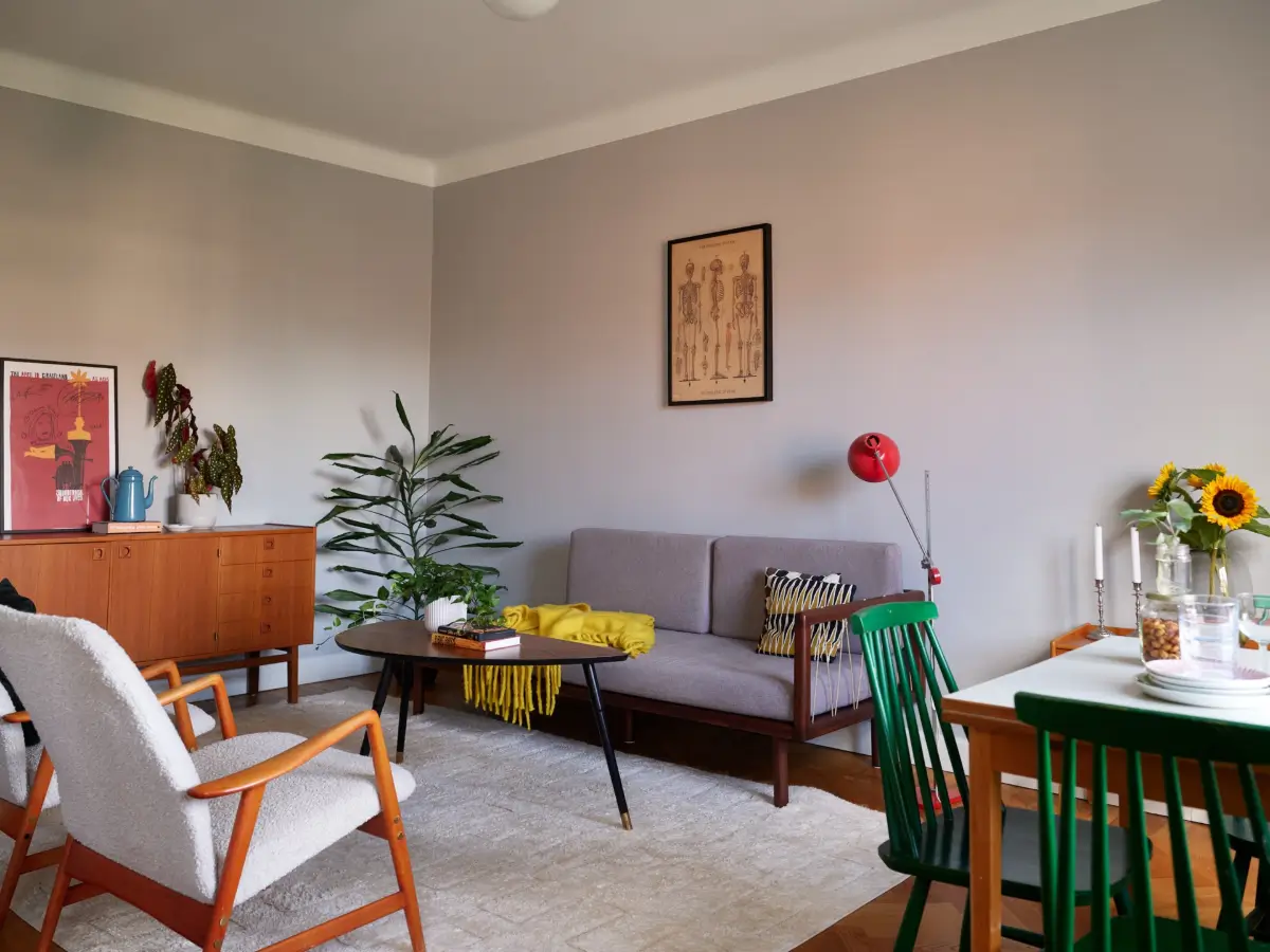 Midcentury Furniture & a Dark Blue Bedroom in a 1930s Apartment 3 midcentury style living room gray walls