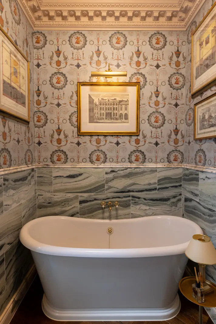 50 Bathroom Wallpaper Ideas Adding Color, Style, and Expression 25 rolltop bath green marble tiles wallpaper