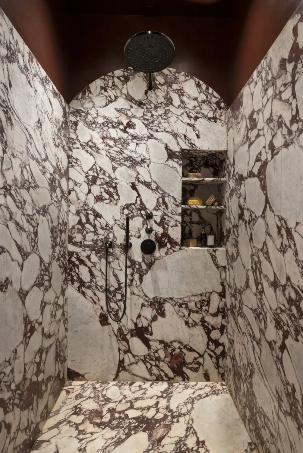 27 Statement Ceiling Ideas That Will Spruce Up Any Room 1 shower painted arched ceiling Calacatta Viola marble tiles nordroom
