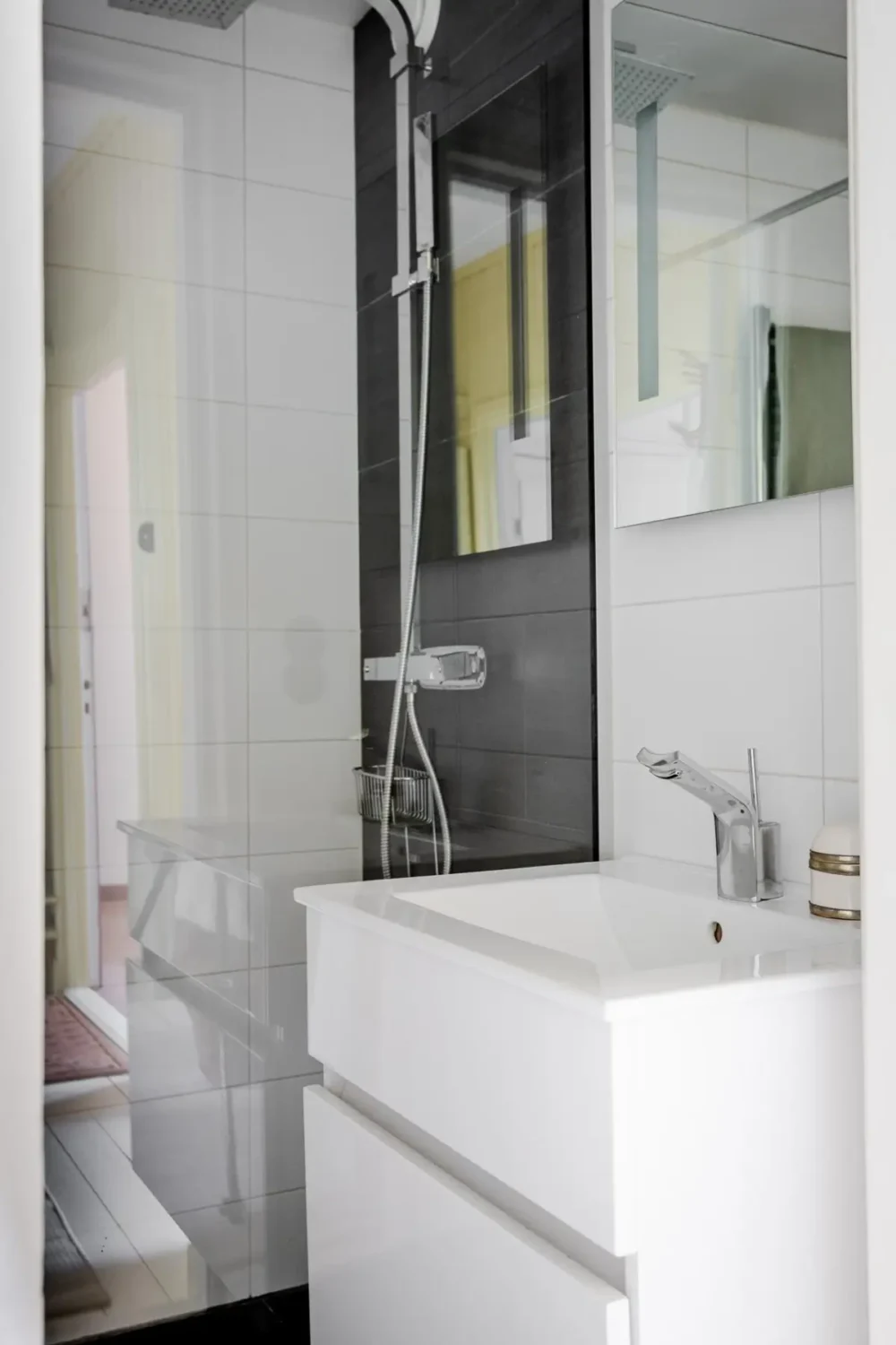 Historic Character and Color in a Swedish Studio Apartment 22 small black and white bathroom