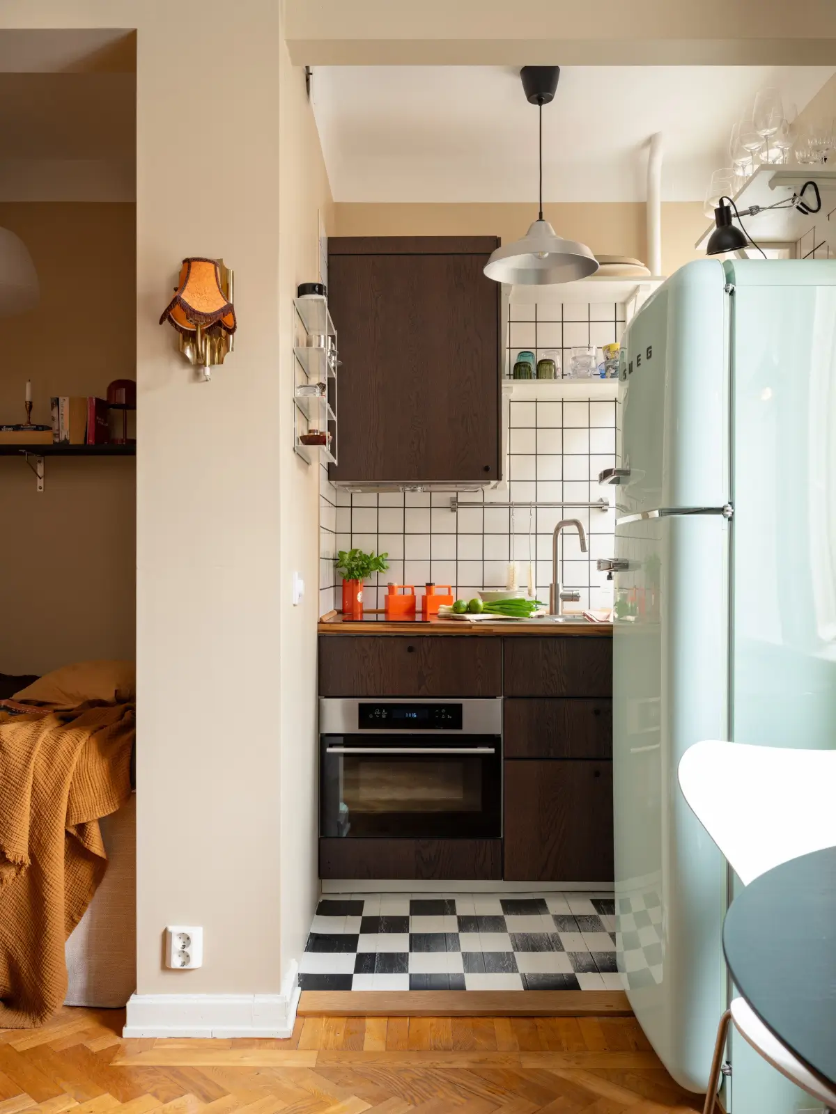 tiny walnut kitchen checkerboard floor