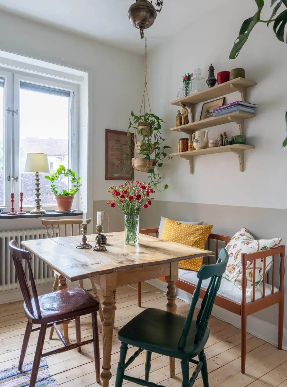 Warm Tones, Antiques, and Period Features in a Swedish Studio Apartment 14 wooden kitchen table with bench