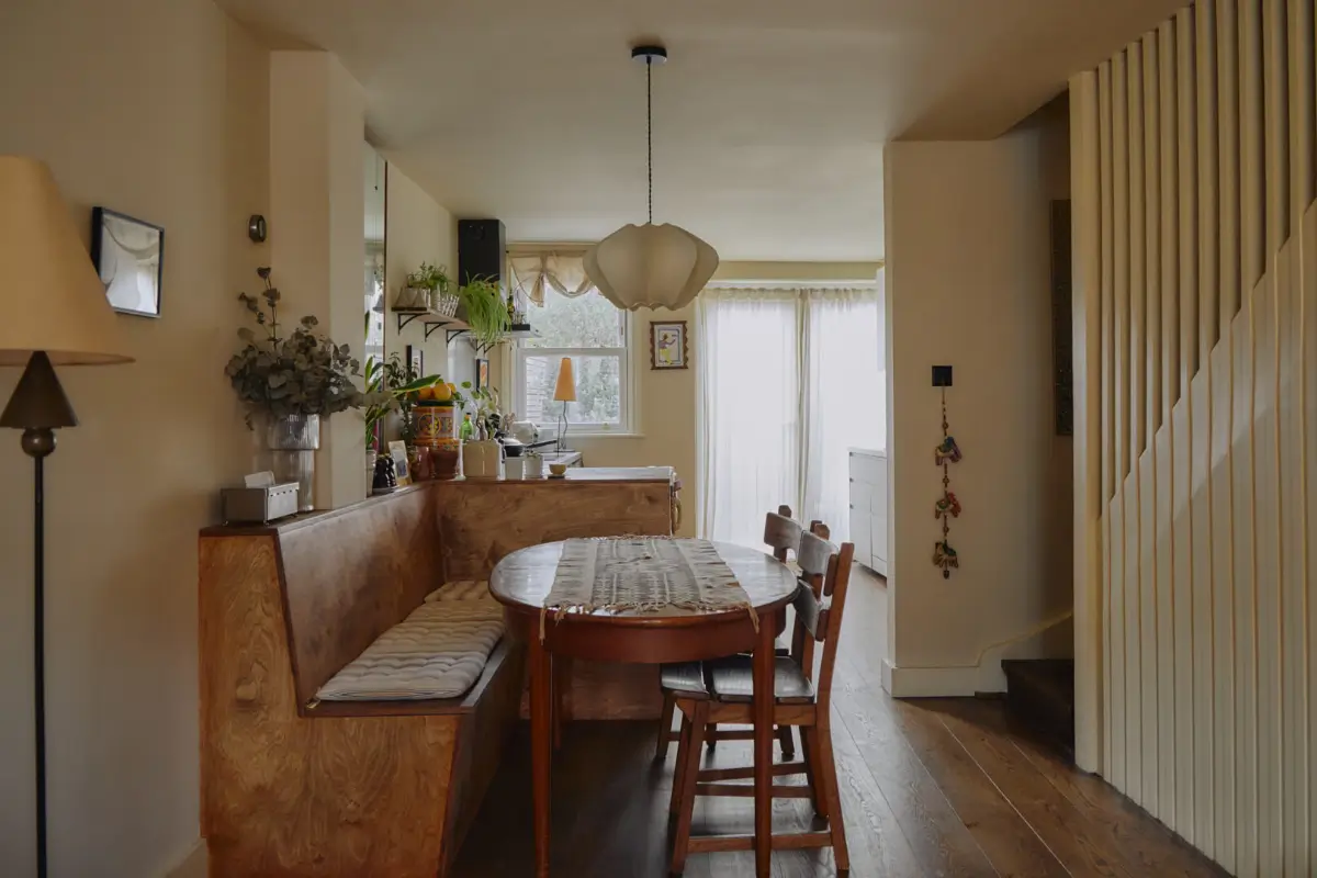 wooden l-shaped built-in bench dining table