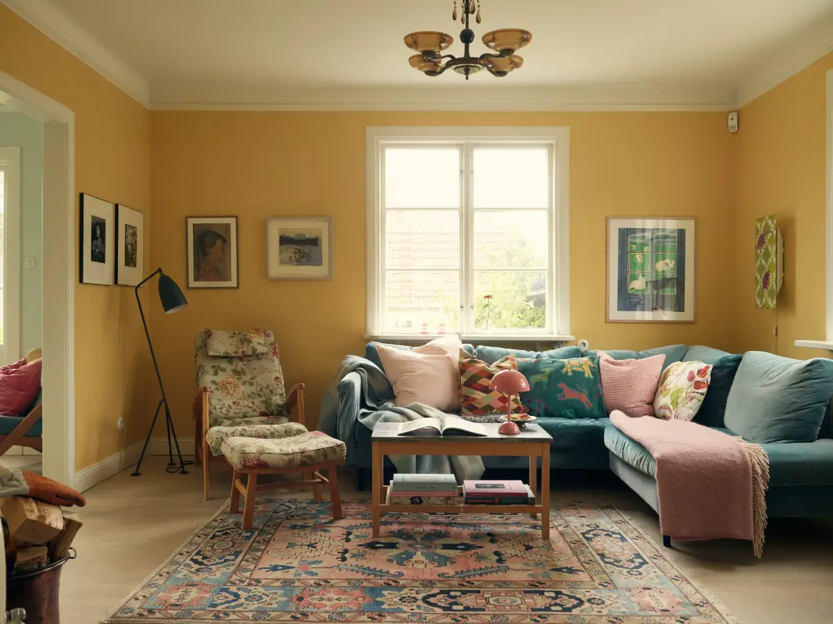 A Cheerful Color Palette in an Early 20th Century Villa in Stockholm 1 yellow living room with blue sofa and colorful textiles nordroom