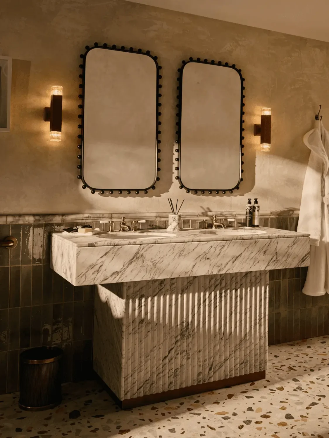 The Top Home Design Trends for 2026: Bold Color, Cozy Corners & Climate-Ready Living 19 bathroom-double-marble-sink-terrazzo-floor-tiles-nordroom