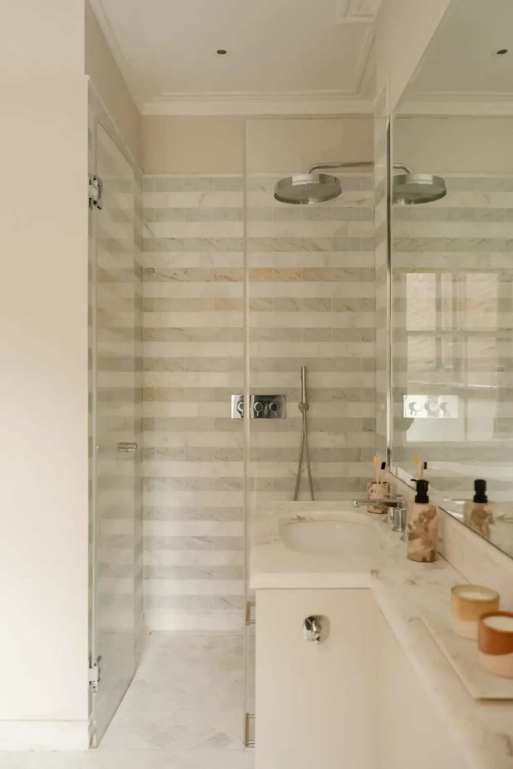A Serene Duplex Apartment with a Glass Extension in London 29 bathroom shower striped tilework
