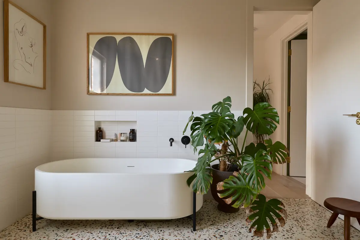 A Beautiful Victorian Townhouse Reimagined for Modern Living 36 bathroom terrazzo floor tiles freestanding bath